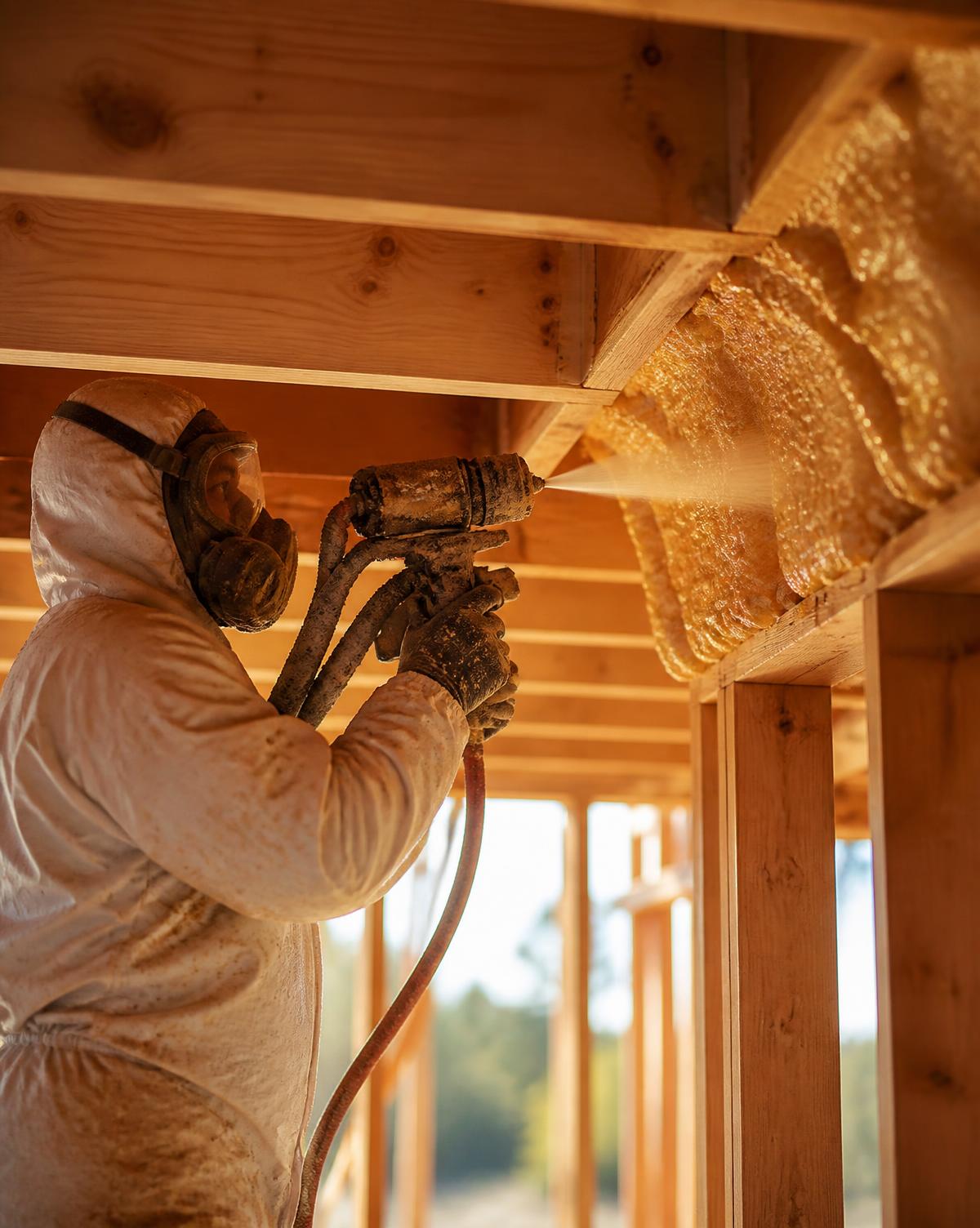 SeaClay crew applying spray foam insulation to the rim joists of a new construction building